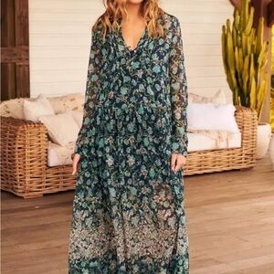 Free People Large Green Blue Sheer See It Through Maxi Dress
